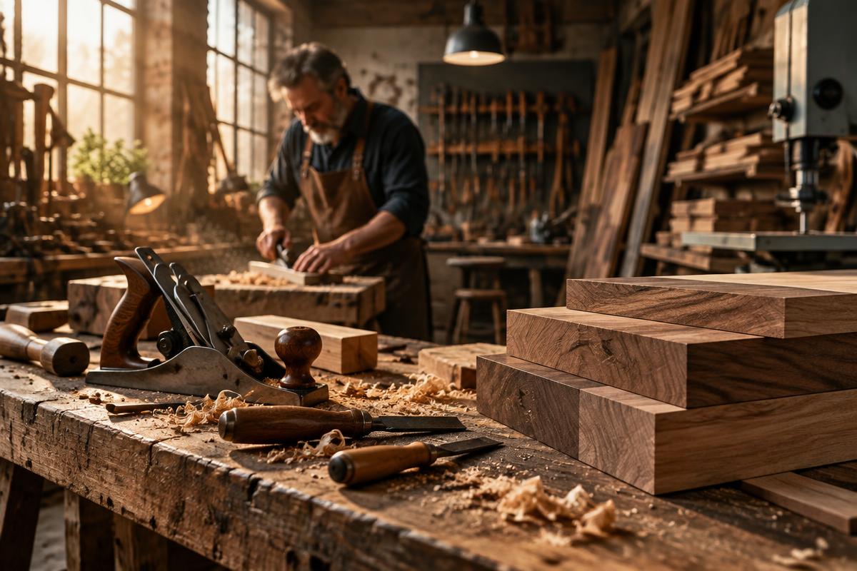 Woodworker shaping timber in a professional workshop